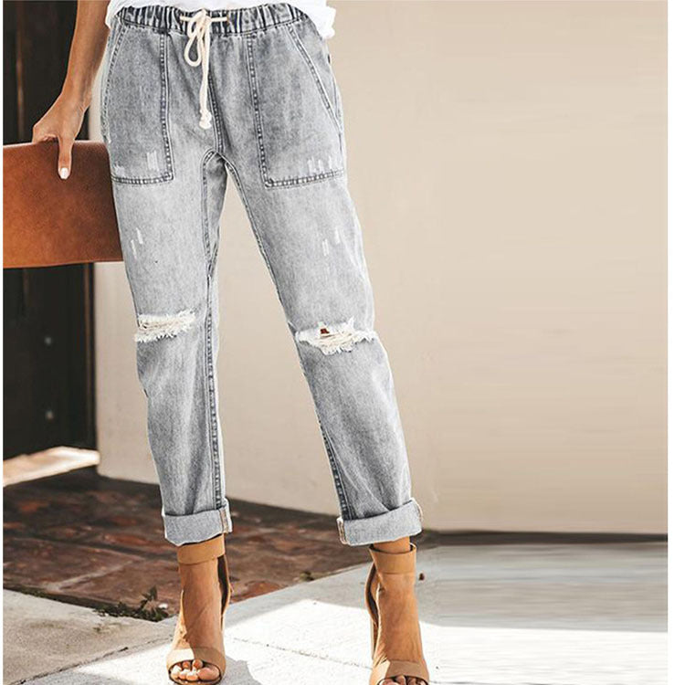 Drawstring Waist Straight Ripped Jeans For Women - Drawstring Trousers With Pockets Fashion Pants