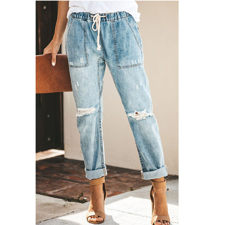 Drawstring Waist Straight Ripped Jeans For Women - Drawstring Trousers With Pockets Fashion Pants