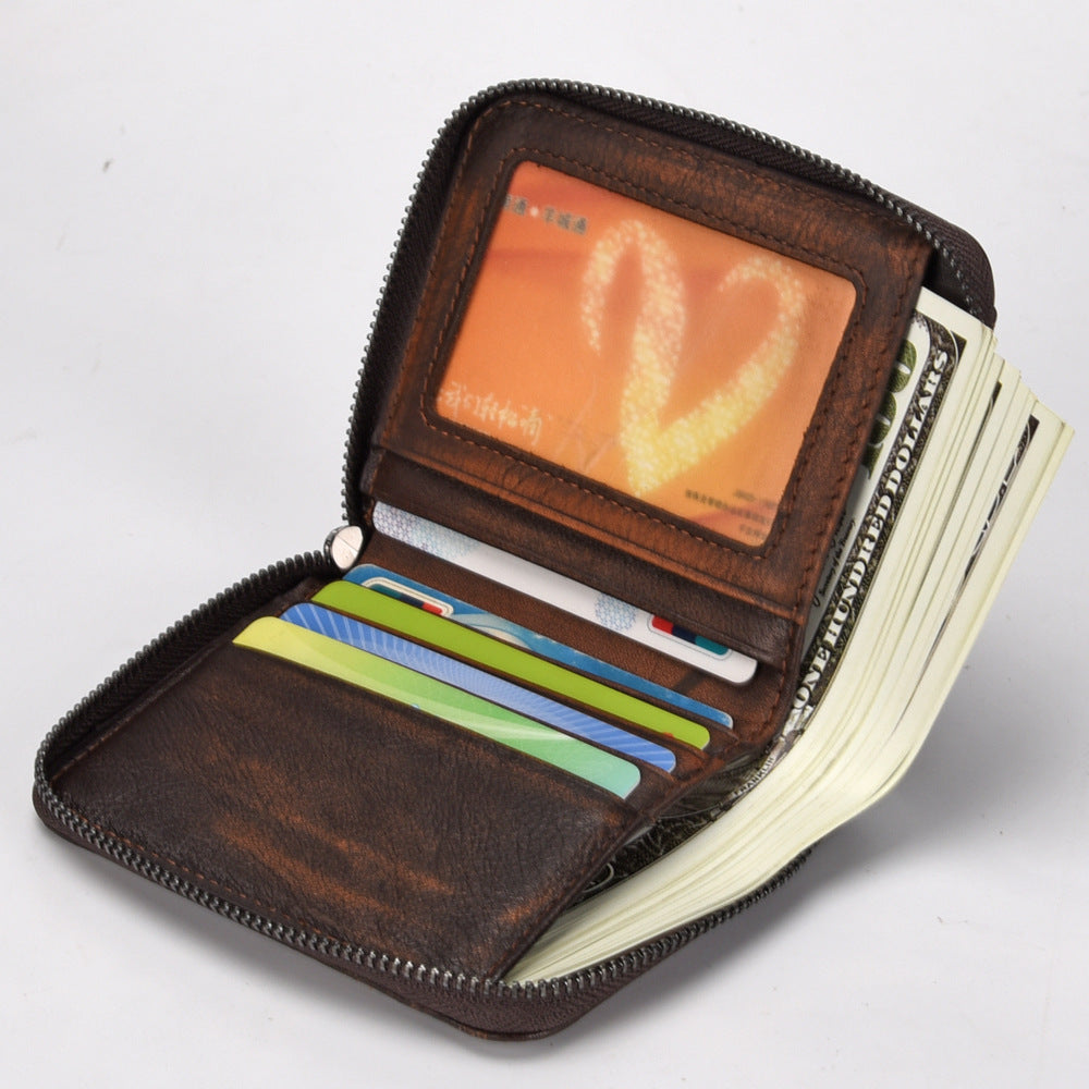 Men's Short Leather Wallet - Men's Retro Wallet Vertical Zipper Leisure Youth Wallet
