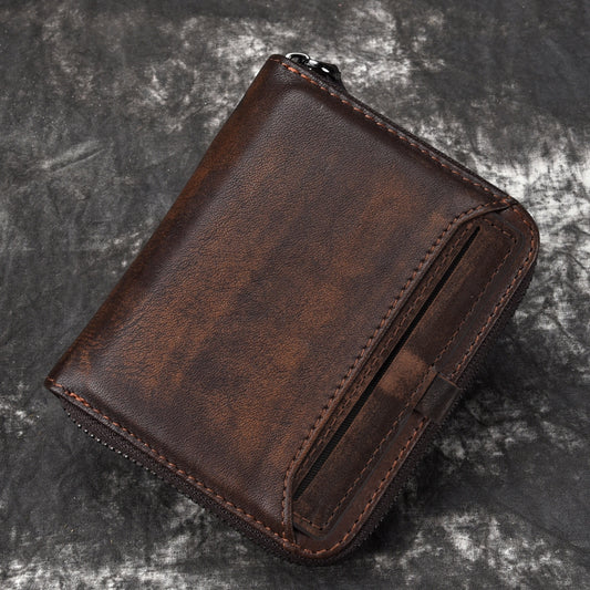 Men's Short Leather Wallet - Men's Retro Wallet Vertical Zipper Leisure Youth Wallet