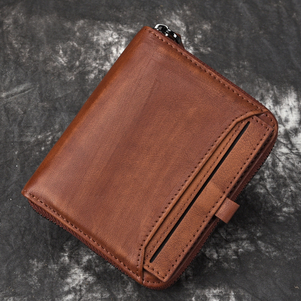 Men's Short Leather Wallet - Men's Retro Wallet Vertical Zipper Leisure Youth Wallet