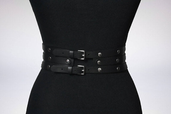 Women’s Black Leather Body Harness – 3-Layer PU Rivet Belt with Metal Hoops