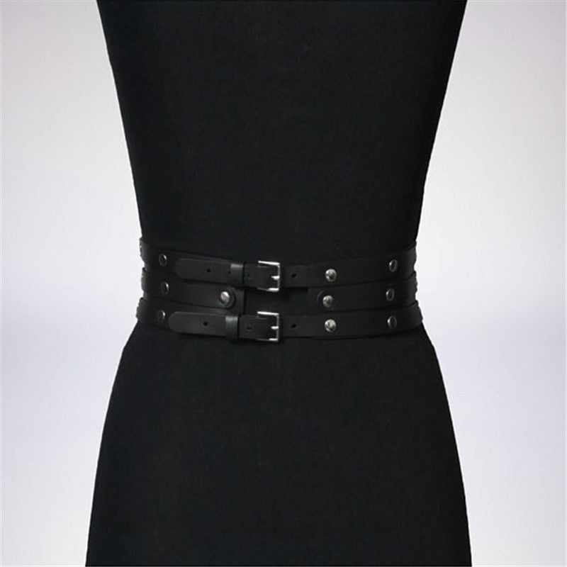 Women’s Black Leather Body Harness – 3-Layer PU Rivet Belt with Metal Hoops