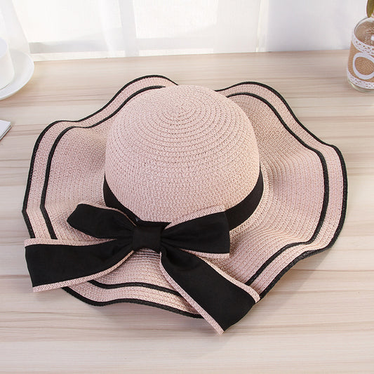 Women Straw Sunshade Hat - Summer Sun Hat  Panama  Fashion Bow Beach Hat Foldable Travel Caps