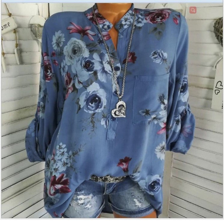 Long Sleeve Print Stand Collar Button Blouse - Pullover Plus Size Women Clothing Shirt Blouse
