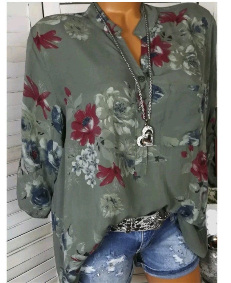 Long Sleeve Print Stand Collar Button Blouse - Pullover Plus Size Women Clothing Shirt Blouse