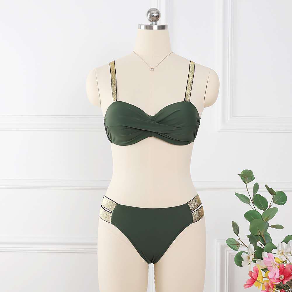 Bikini Sets - Solid Color Swimsuit Sexy Mid-Waist Bandeau Gather Cup
