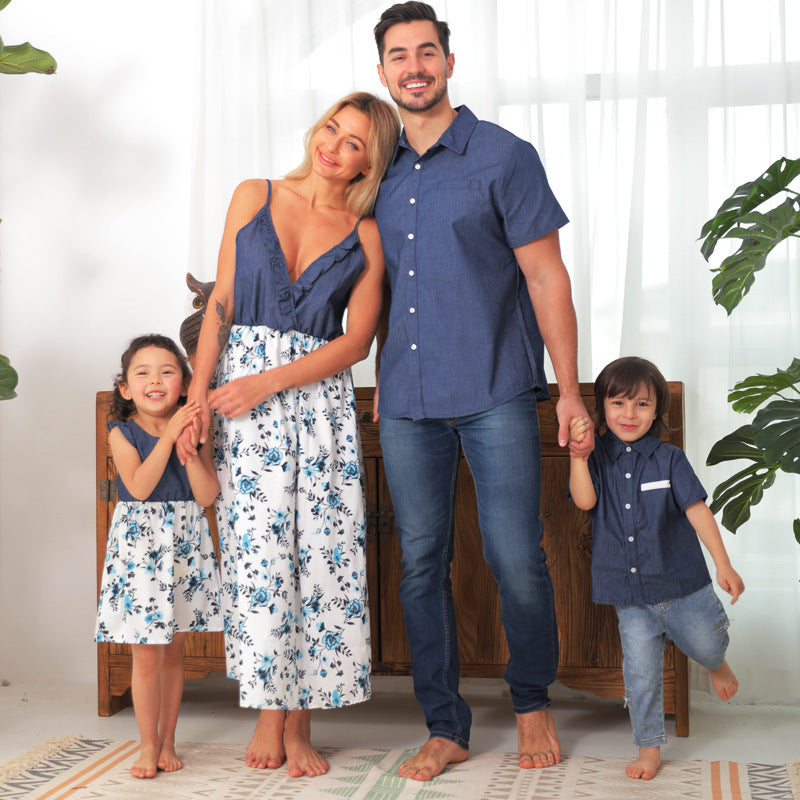 Family Matching Denim Outfit - Sling Dress Baby Girl Mom Dad Boy Boy Shirt Parent-Child