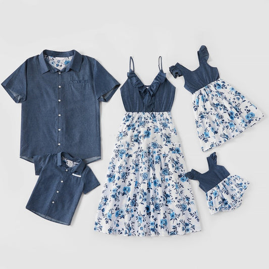 Family Matching Denim Outfit - Sling Dress Baby Girl Mom Dad Boy Boy Shirt Parent-Child