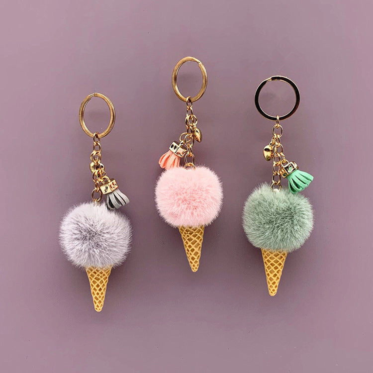 Ice Cream Keychain - Cute Bag Cartoon Plush Pendant Cone Car Key Chain Ring Hair Ball Creative Gift