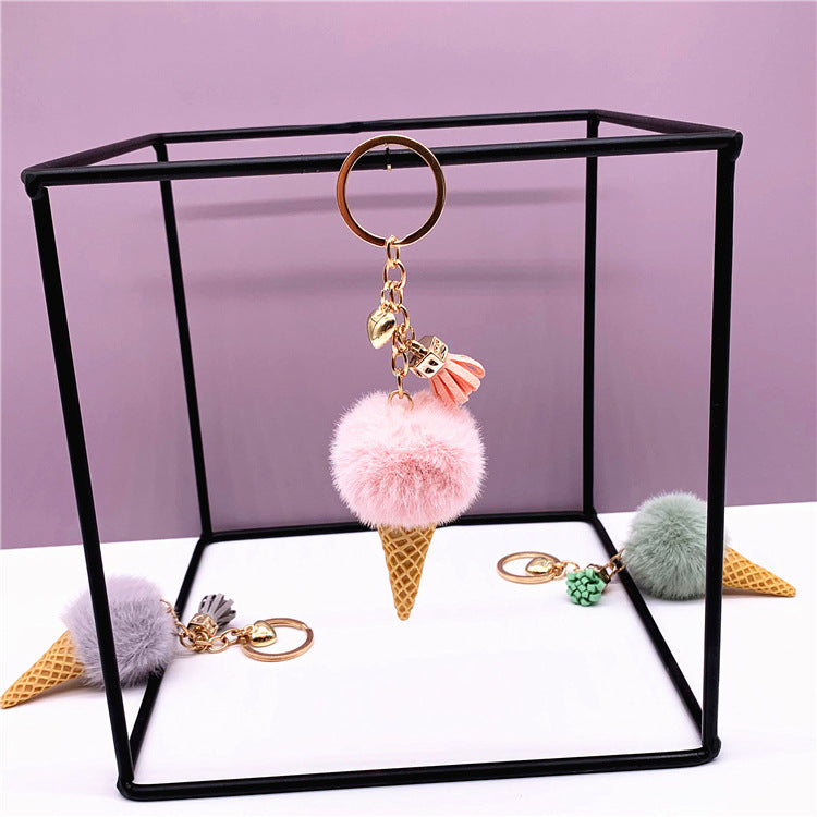 Ice Cream Keychain - Cute Bag Cartoon Plush Pendant Cone Car Key Chain Ring Hair Ball Creative Gift