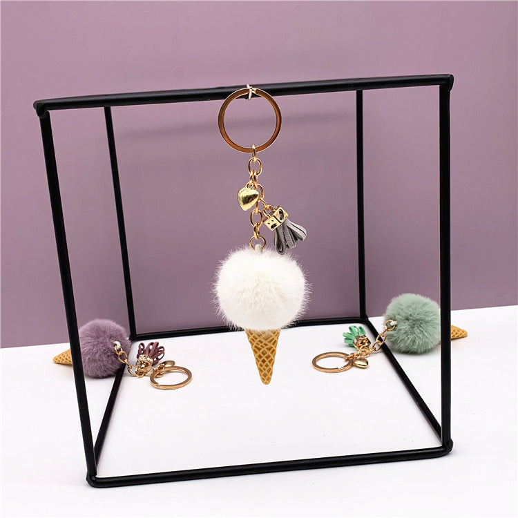 Ice Cream Keychain - Cute Bag Cartoon Plush Pendant Cone Car Key Chain Ring Hair Ball Creative Gift