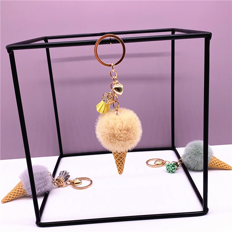 Ice Cream Keychain - Cute Bag Cartoon Plush Pendant Cone Car Key Chain Ring Hair Ball Creative Gift