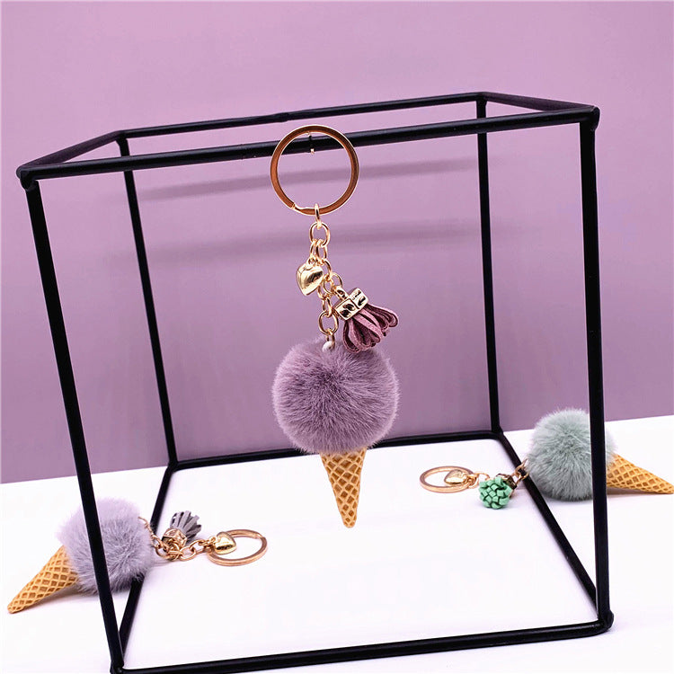 Ice Cream Keychain - Cute Bag Cartoon Plush Pendant Cone Car Key Chain Ring Hair Ball Creative Gift