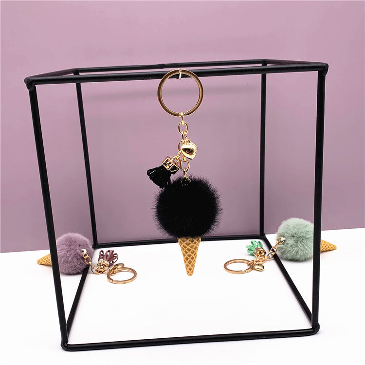 Ice Cream Keychain - Cute Bag Cartoon Plush Pendant Cone Car Key Chain Ring Hair Ball Creative Gift