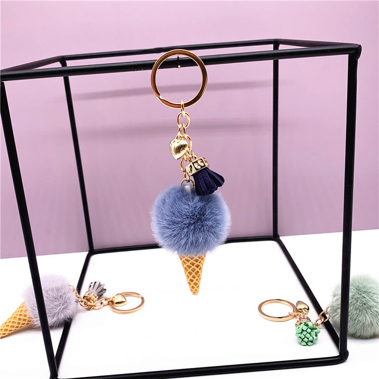 Ice Cream Keychain - Cute Bag Cartoon Plush Pendant Cone Car Key Chain Ring Hair Ball Creative Gift