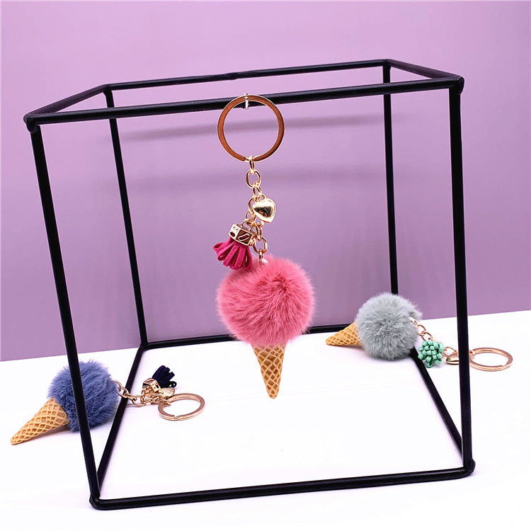 Ice Cream Keychain - Cute Bag Cartoon Plush Pendant Cone Car Key Chain Ring Hair Ball Creative Gift