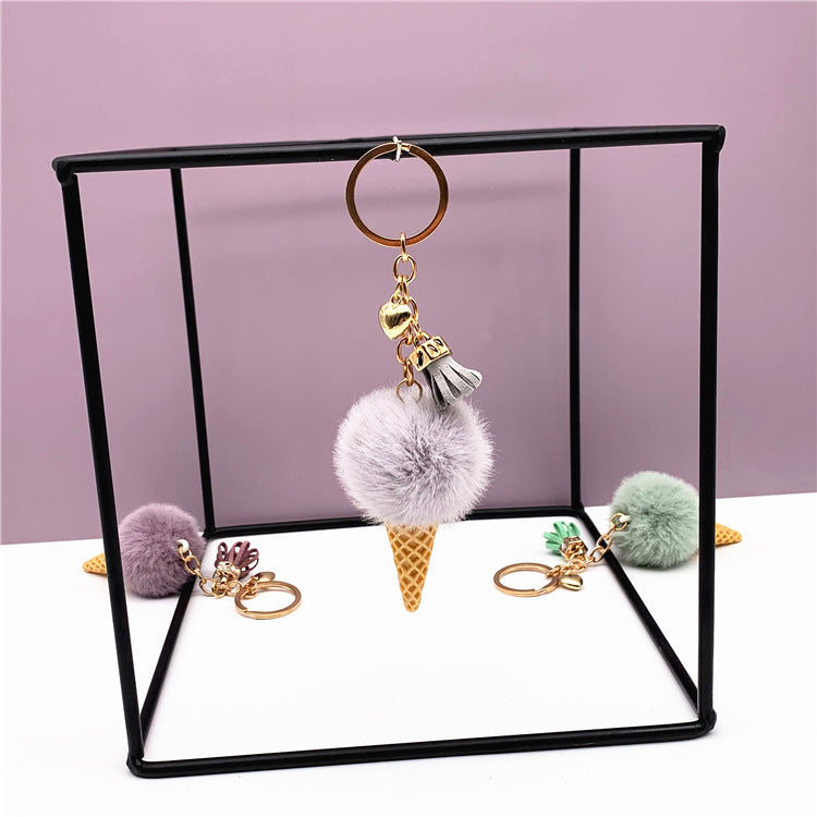 Ice Cream Keychain - Cute Bag Cartoon Plush Pendant Cone Car Key Chain Ring Hair Ball Creative Gift