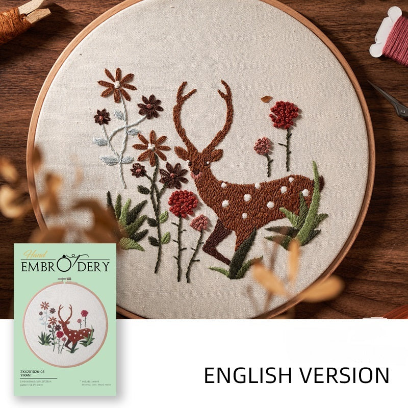 🧵Handmade 3D Embroidery Kit – Elk & Floral Design with Bamboo Hoop (20cm)