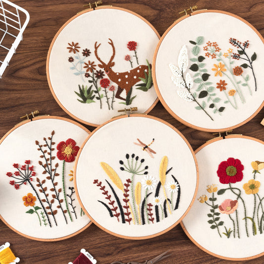 🧵Handmade 3D Embroidery Kit – Elk & Floral Design with Bamboo Hoop (20cm)