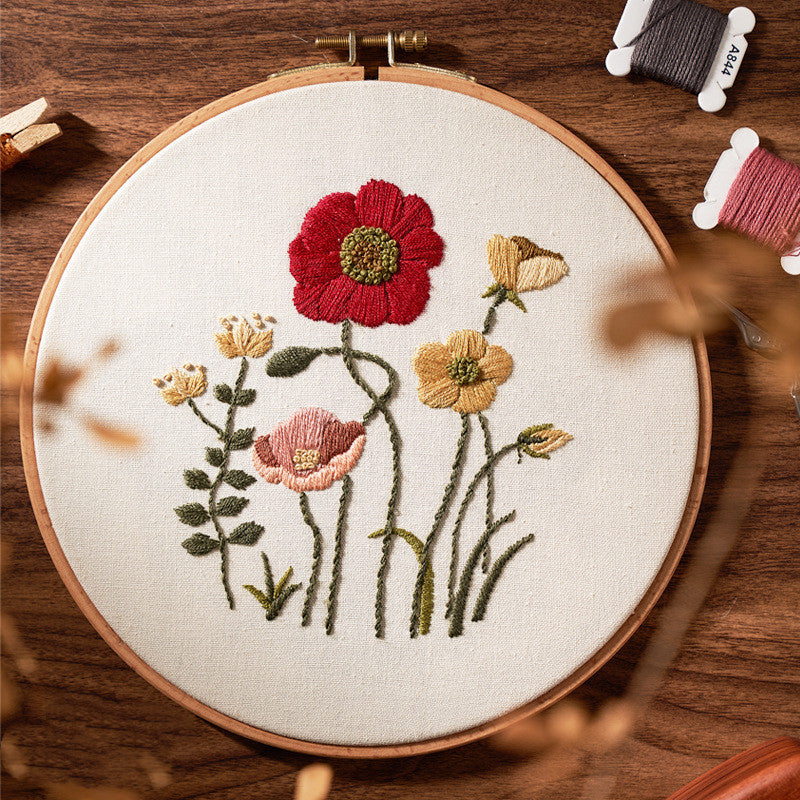 🧵Handmade 3D Embroidery Kit – Elk & Floral Design with Bamboo Hoop (20cm)