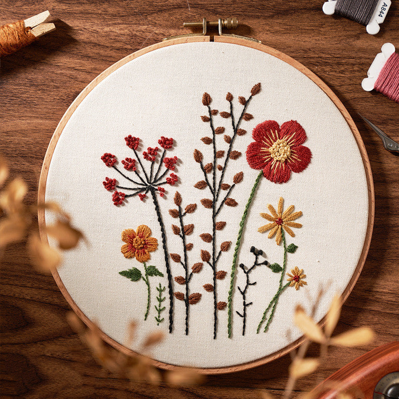 🧵Handmade 3D Embroidery Kit – Elk & Floral Design with Bamboo Hoop (20cm)