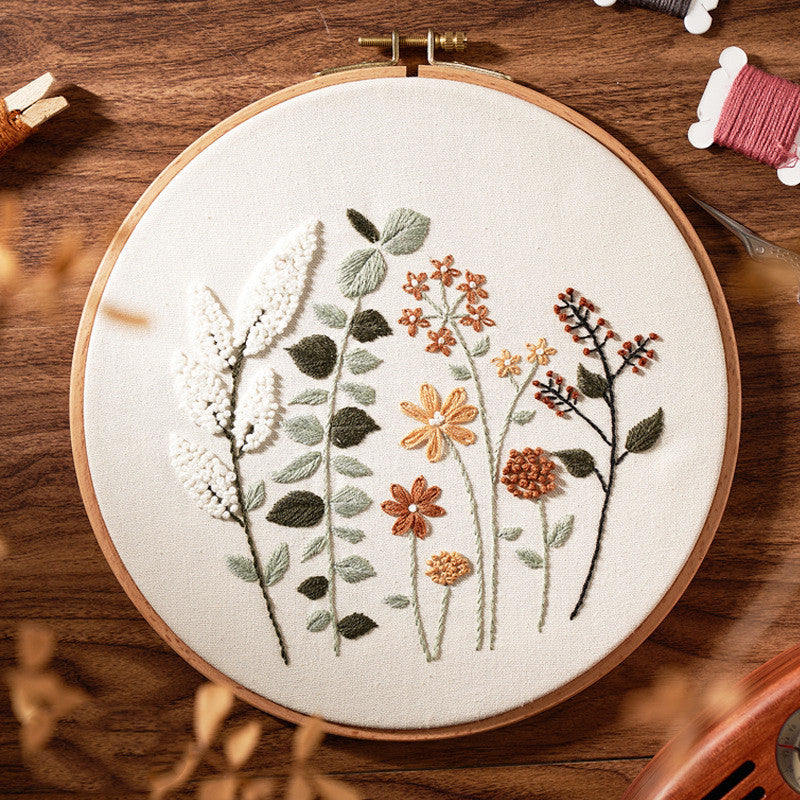🧵Handmade 3D Embroidery Kit – Elk & Floral Design with Bamboo Hoop (20cm)