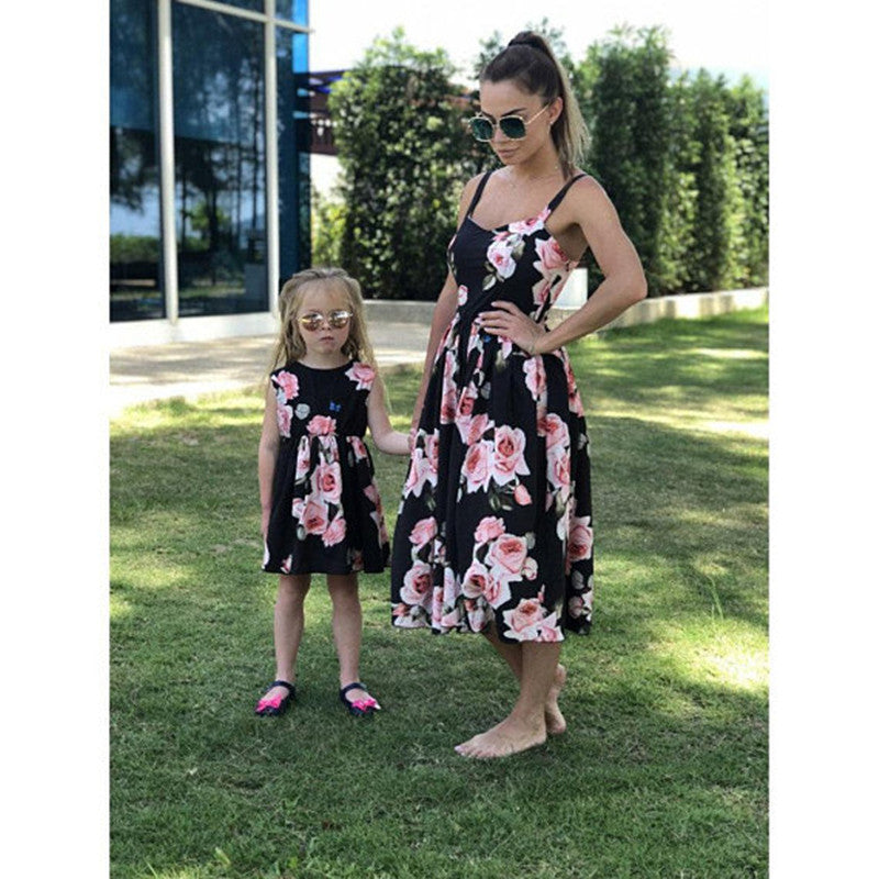 Floral Summer Printed Sling Sleeveless Parent-Child Dress