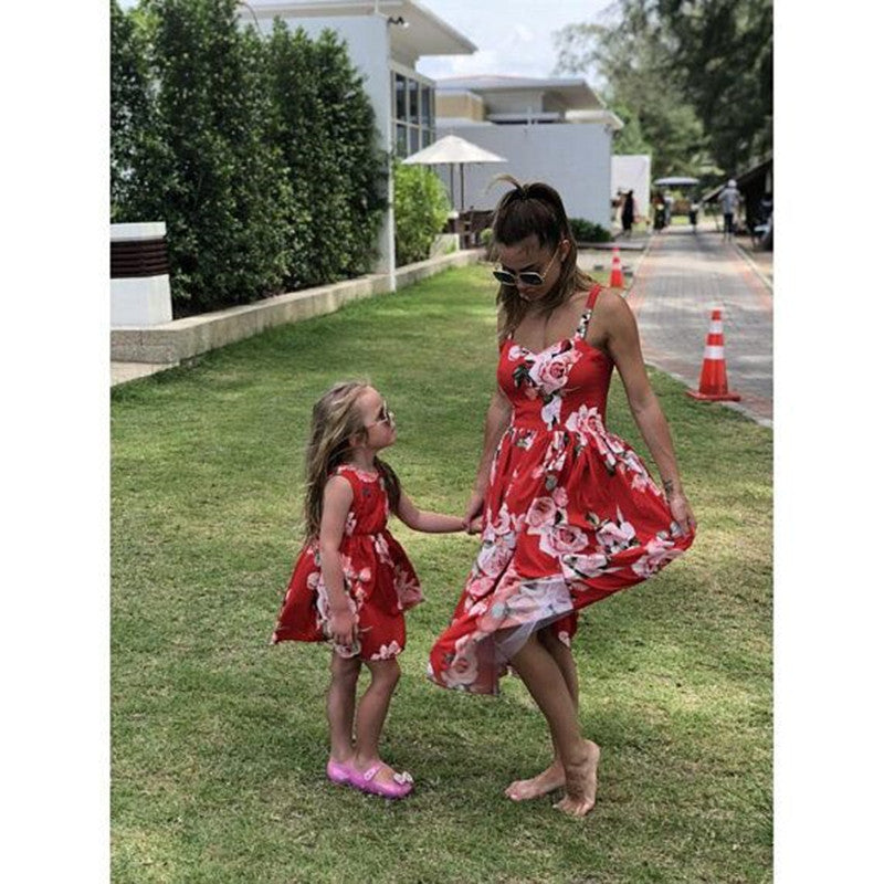Floral Summer Printed Sling Sleeveless Parent-Child Dress