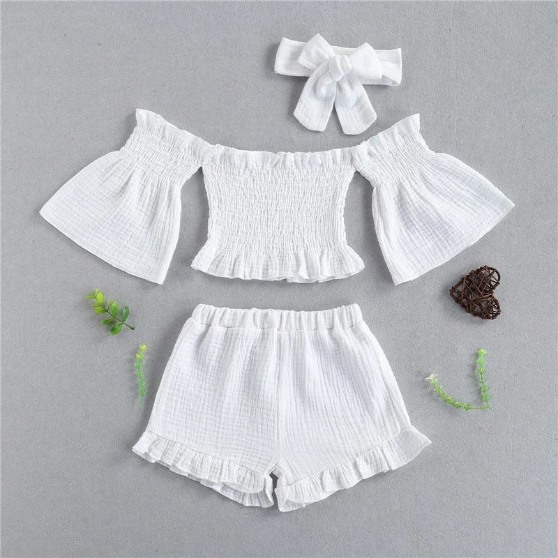 3-Piece Baby Girl Off-Shoulder Summer Outfit Set – Top, Shorts & Headband