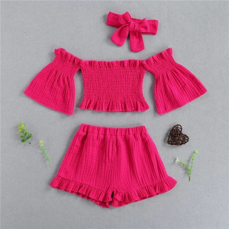 3-Piece Baby Girl Off-Shoulder Summer Outfit Set – Top, Shorts & Headband