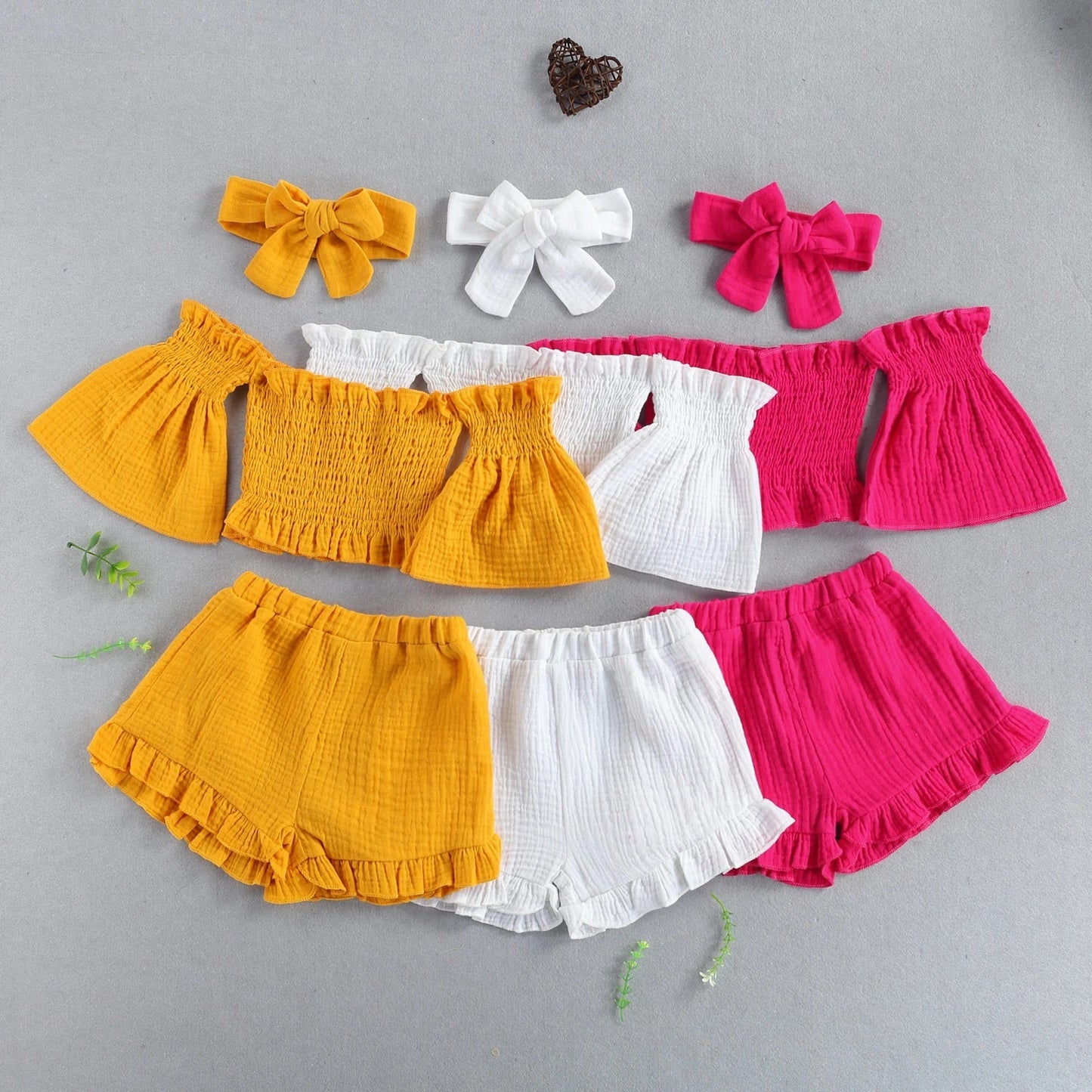 3-Piece Baby Girl Off-Shoulder Summer Outfit Set – Top, Shorts & Headband