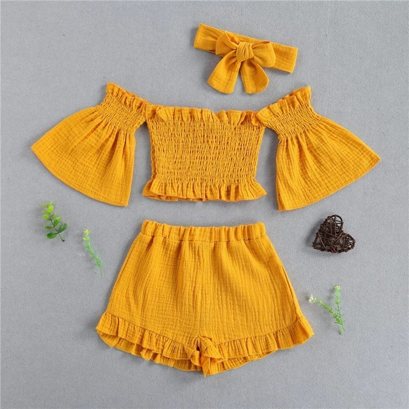 3-Piece Baby Girl Off-Shoulder Summer Outfit Set – Top, Shorts & Headband
