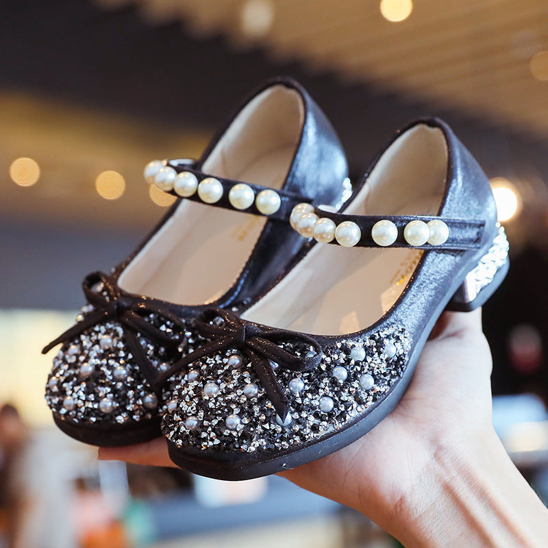 Flashy Crystal Leather Shoes with Pearls