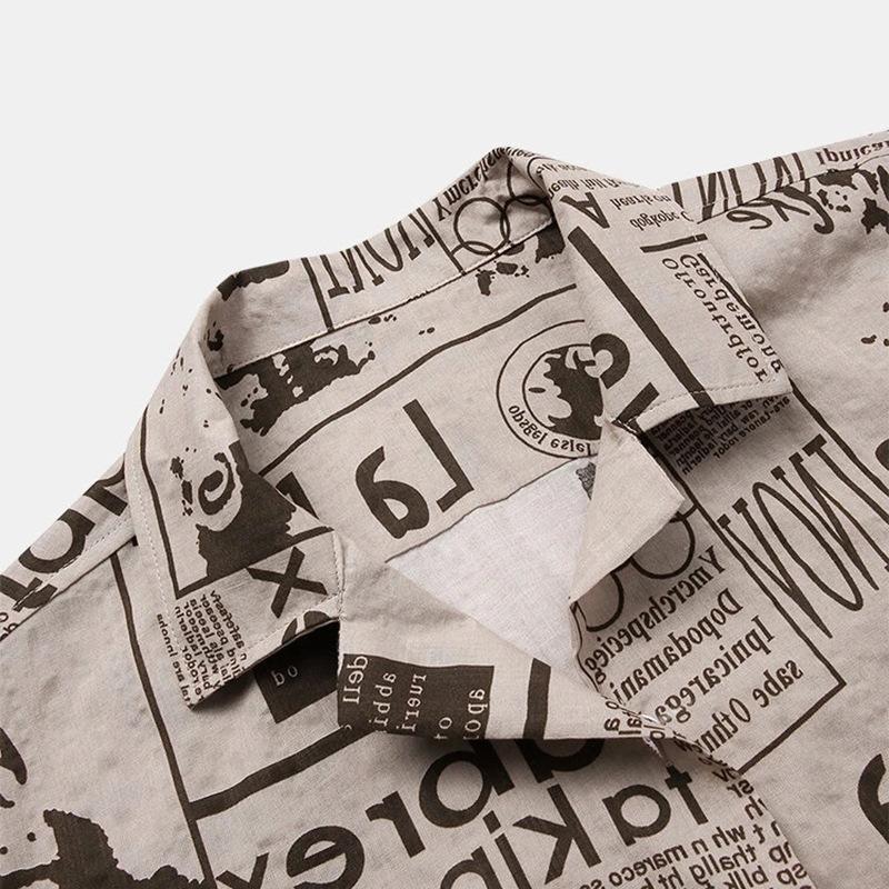 Men Vintage Shirts - Vintage Newspaper Print Hawaiian Shirt