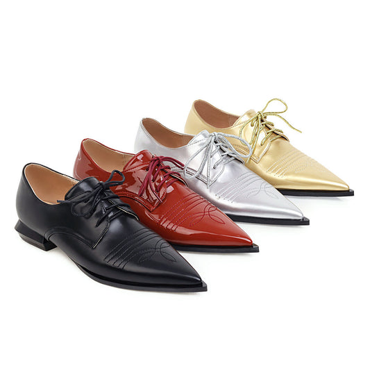 Low-Heeled Women's Shoes--  Fashionable Pointed Toe Front Lace-Up Single Shoe Trend