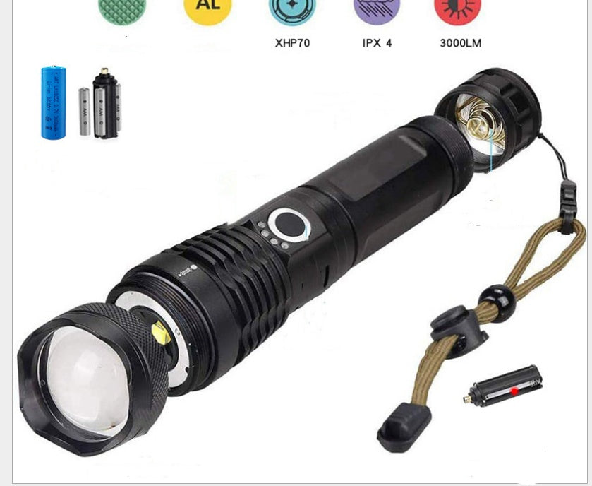 Strong Light Flashlight - Rechargeable, Zoom Power Display, Outdoor Super Bright And Portable