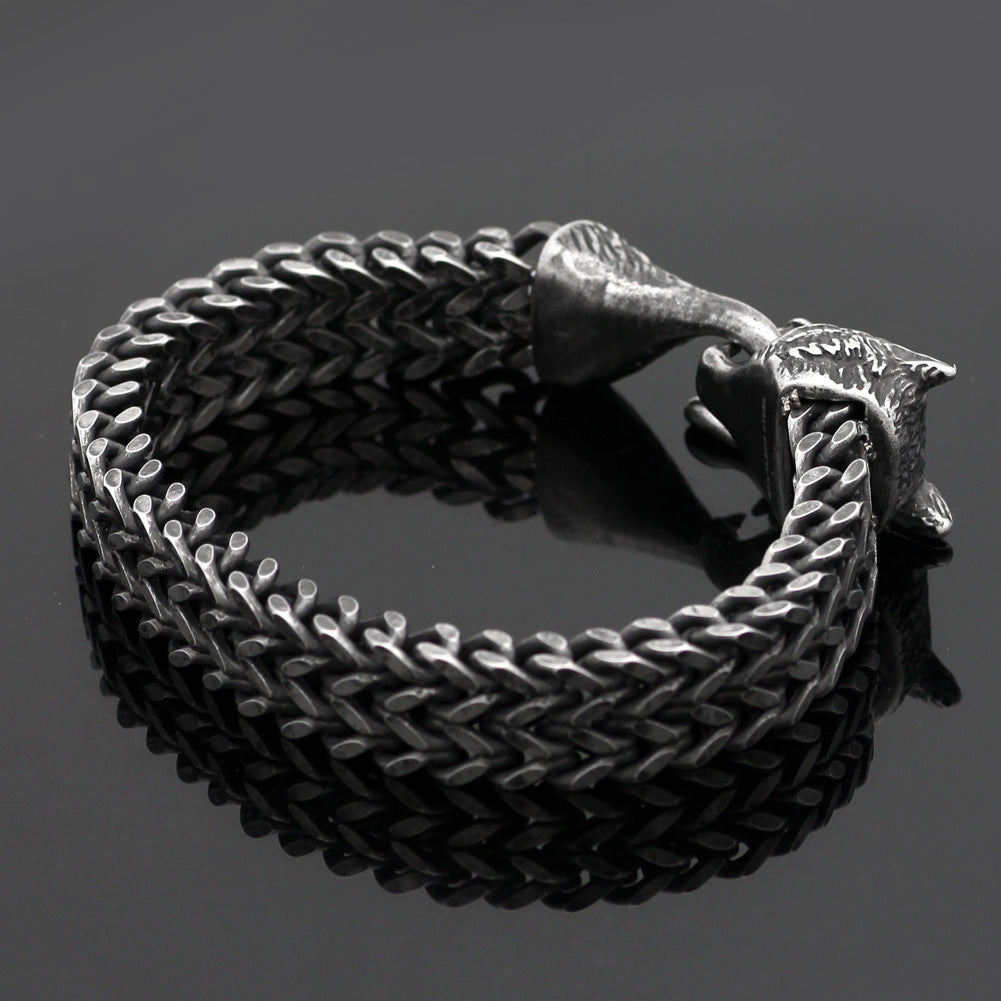 Stainless Steel Vintage Black Wolf Head Cuban Chain Hand Wristband - Male Fashion Jewelry Wholesale Accessories Gifts