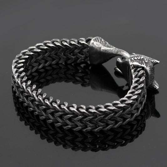 Stainless Steel Vintage Black Wolf Head Cuban Chain Hand Wristband - Male Fashion Jewelry Wholesale Accessories Gifts