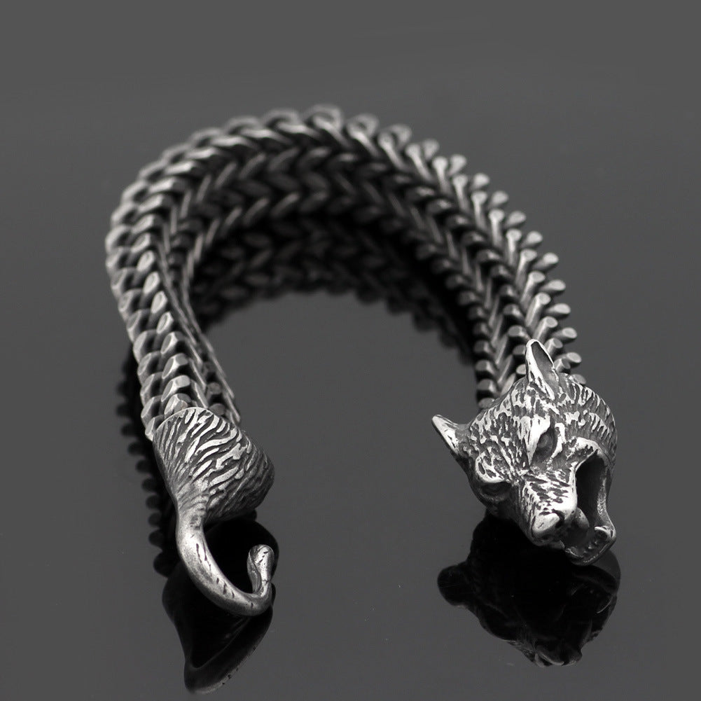Stainless Steel Vintage Black Wolf Head Cuban Chain Hand Wristband - Male Fashion Jewelry Wholesale Accessories Gifts