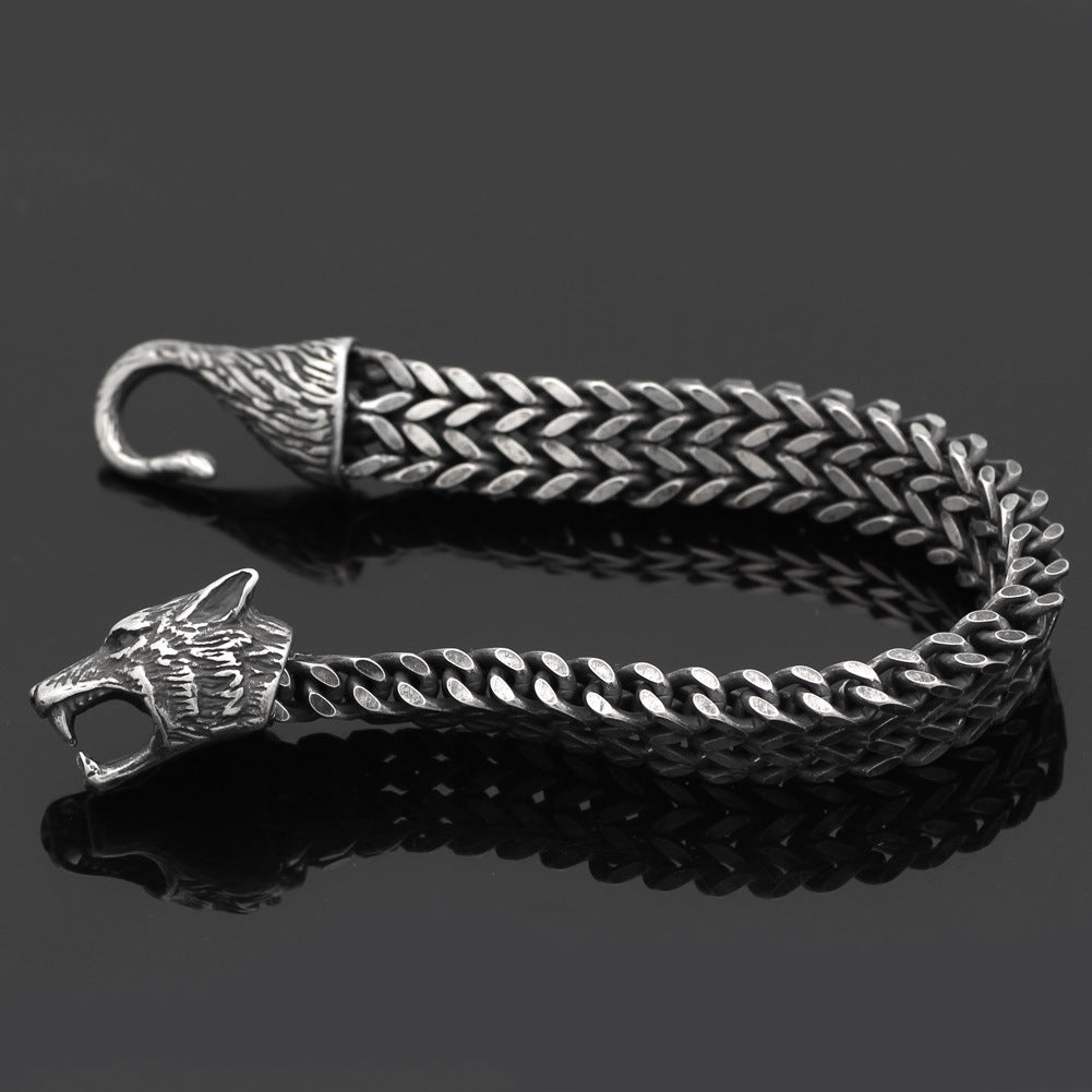 Stainless Steel Vintage Black Wolf Head Cuban Chain Hand Wristband - Male Fashion Jewelry Wholesale Accessories Gifts