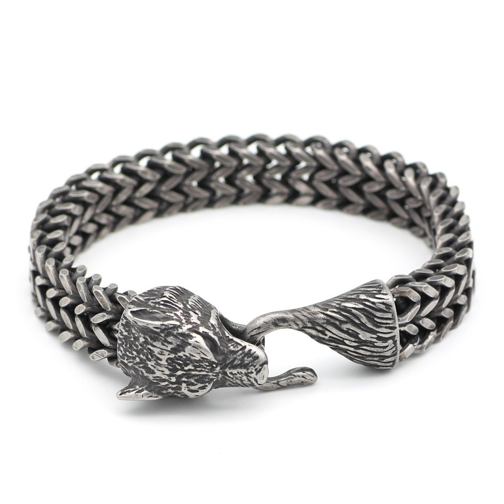 Stainless Steel Vintage Black Wolf Head Cuban Chain Hand Wristband - Male Fashion Jewelry Wholesale Accessories Gifts