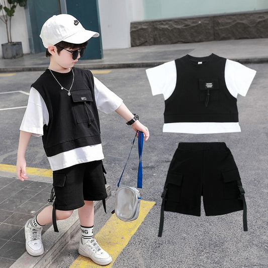 Boys Summer Short-Sleeved Overalls T shirt & Shorts