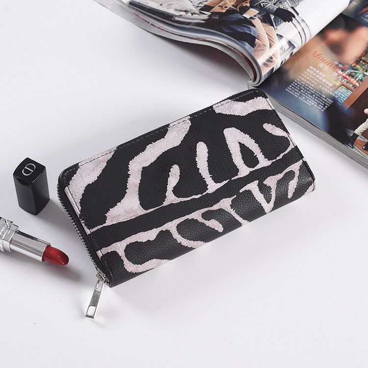 Fashion Long Zipper Women Wallets - Bright Leather, Black and White Wallet Wallet Prismatic Bag Flower Corner Clutch Bag Purse