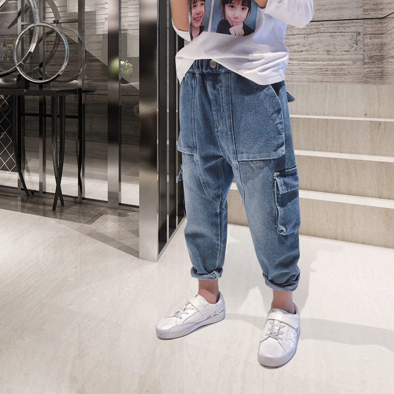Big Kids Loose Harem Jeans - Big Kids Plus Fleece Padded Overalls