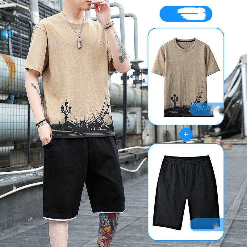 Sports Suit for Men - Men's Summer Cotton Short Sleeve T-Shirt Shorts Men's