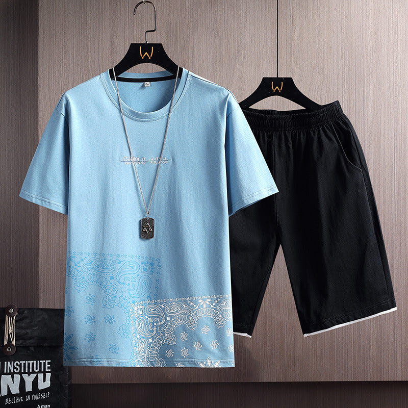 Sports Suit for Men - Men's Summer Cotton Short Sleeve T-Shirt Shorts Men's