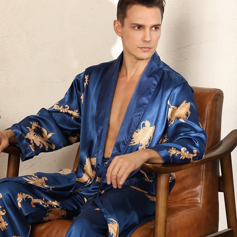 Luxury Silk Robe Pants -  Pajama Set Two-piece Imitate Silk Long-sleeved Pajamas Large Size Bathrobes Robe Sets For Men Clothing