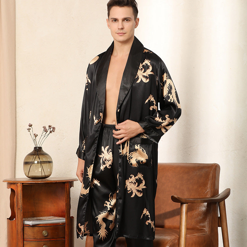 Luxury Silk Robe Pants -  Pajama Set Two-piece Imitate Silk Long-sleeved Pajamas Large Size Bathrobes Robe Sets For Men Clothing
