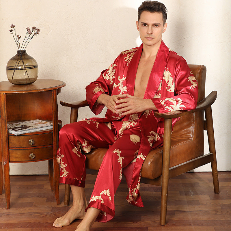 Luxury Silk Robe Pants -  Pajama Set Two-piece Imitate Silk Long-sleeved Pajamas Large Size Bathrobes Robe Sets For Men Clothing
